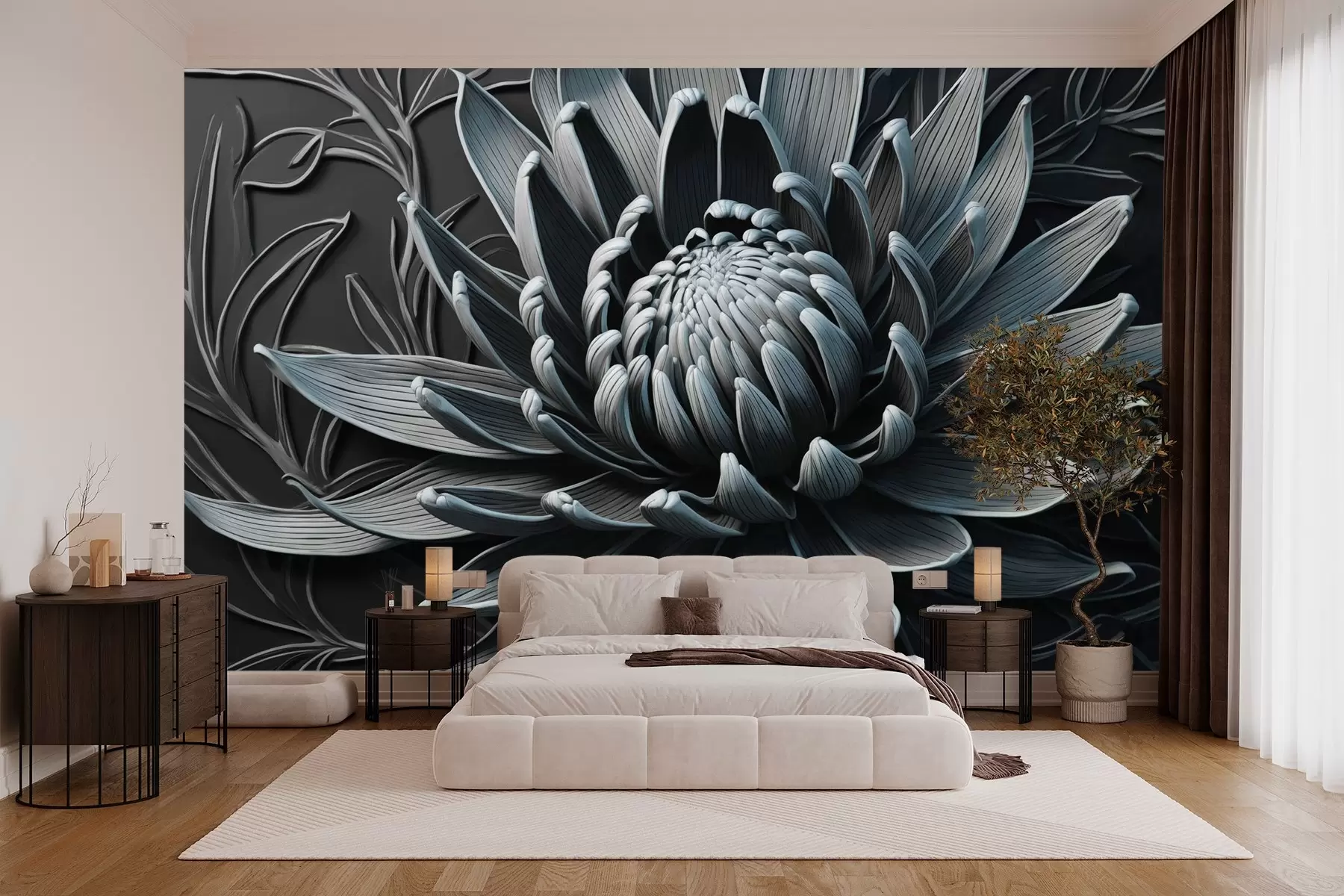 murales de pared Flor de protea, color azul y negro w03930v2