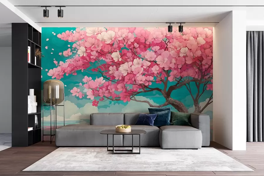 murales de pared Un cerezo rosa en flor con pétalos que caen y un cielo azul de estilo romántico w09120