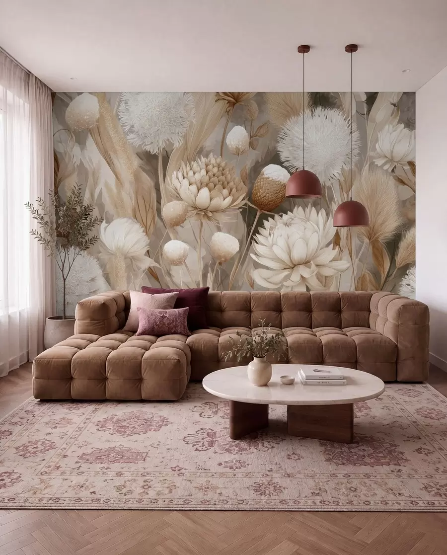 murales de pared Armonía boho: Flores texturizadas en tonos beige y crema w09121