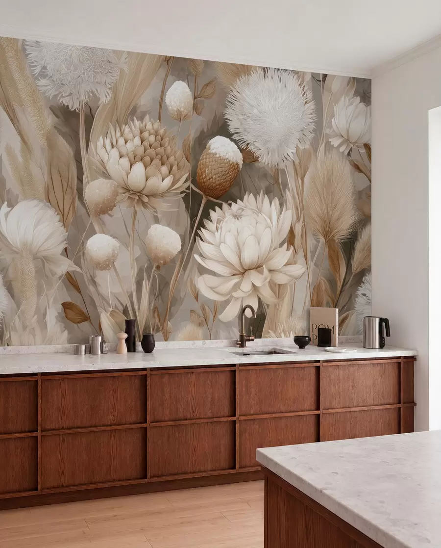 murales de pared Armonía boho: Flores texturizadas en tonos beige y crema w09121