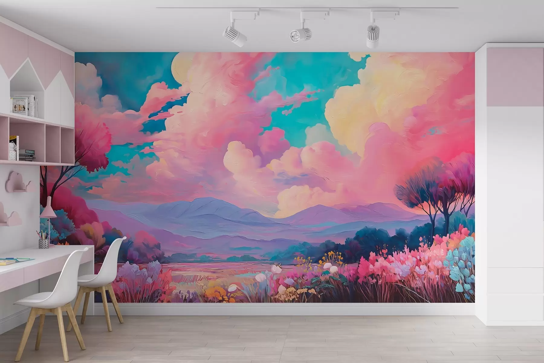 murales de pared Colorido paisaje al óleo con cielo rosa, plantas y árboles w09123