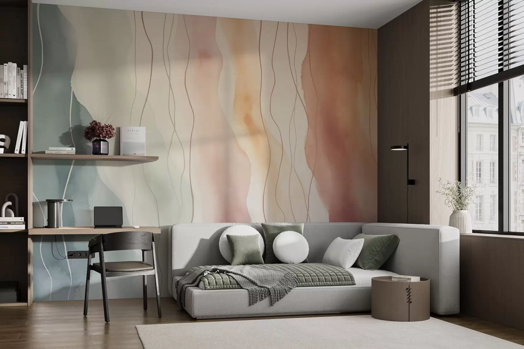 murales de pared Ondas abstractas de acuarela en colores cálidos y fríos w03989