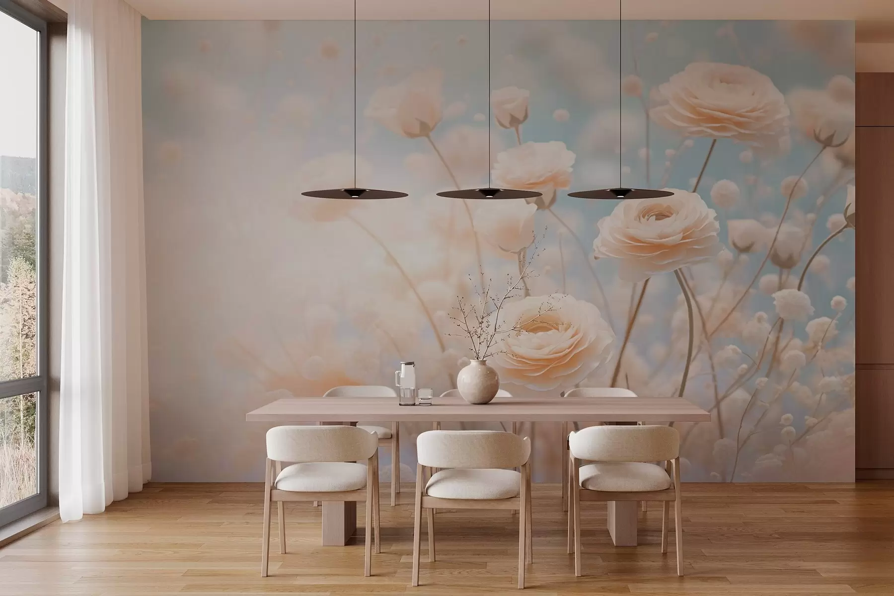 murales de pared Delicadas rosas de color crema sobre fondo azul claro w03997