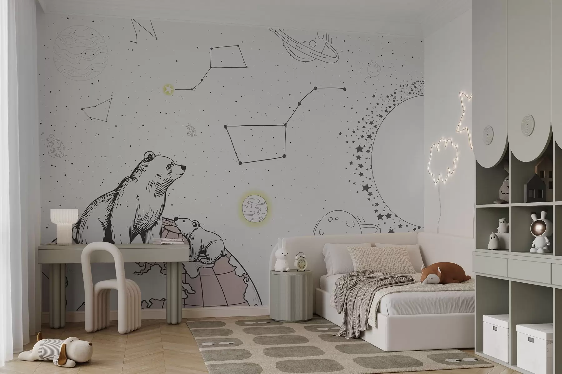 murales de pared Osos y estrellas sobre fondo marrón, tema de astronomía w04002v2