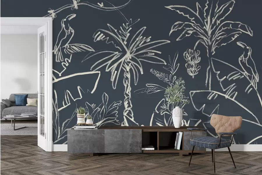 murales de pared Patrón tropical sobre fondo azul oscuro, palmeras, plátanos w04020v4