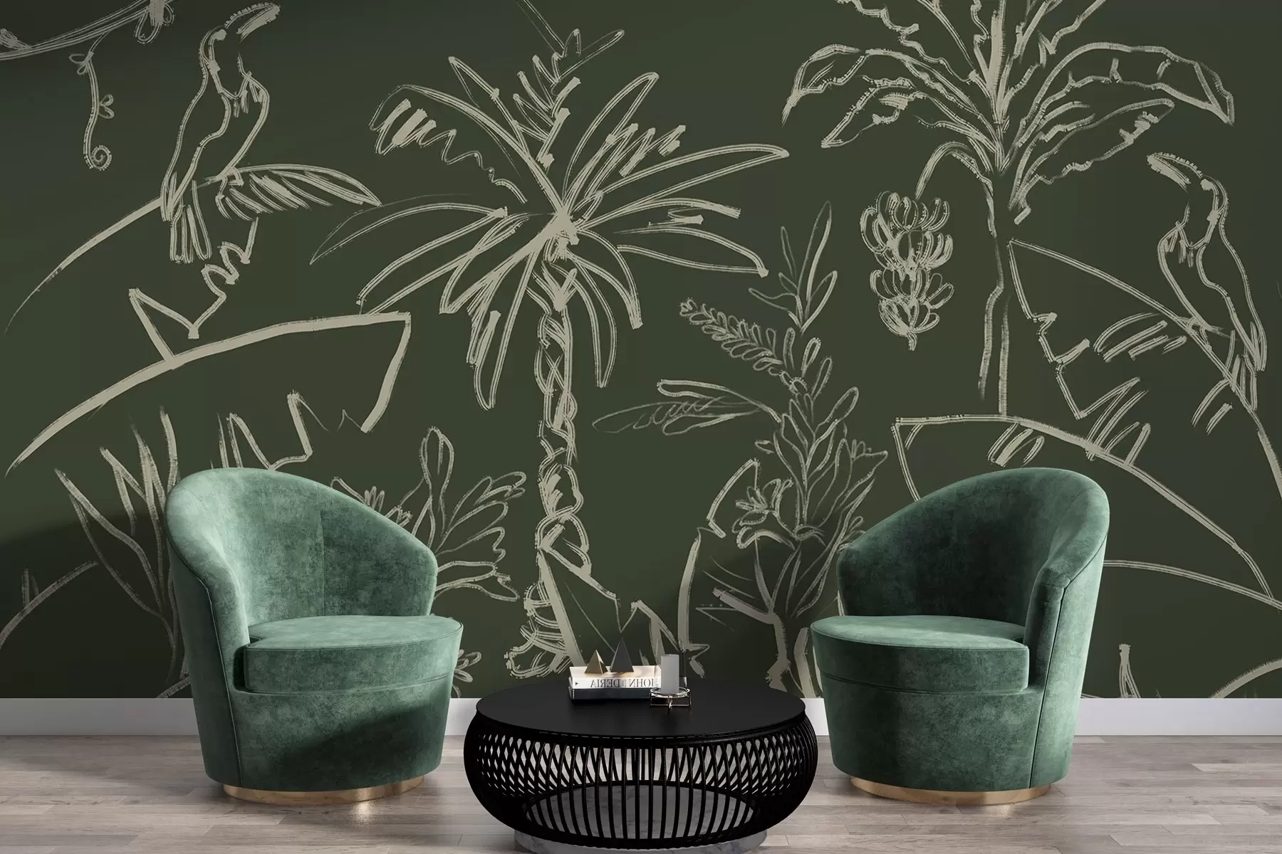murales de pared Patrón tropical sobre fondo verde oscuro, palmeras, plátanos w04020v5