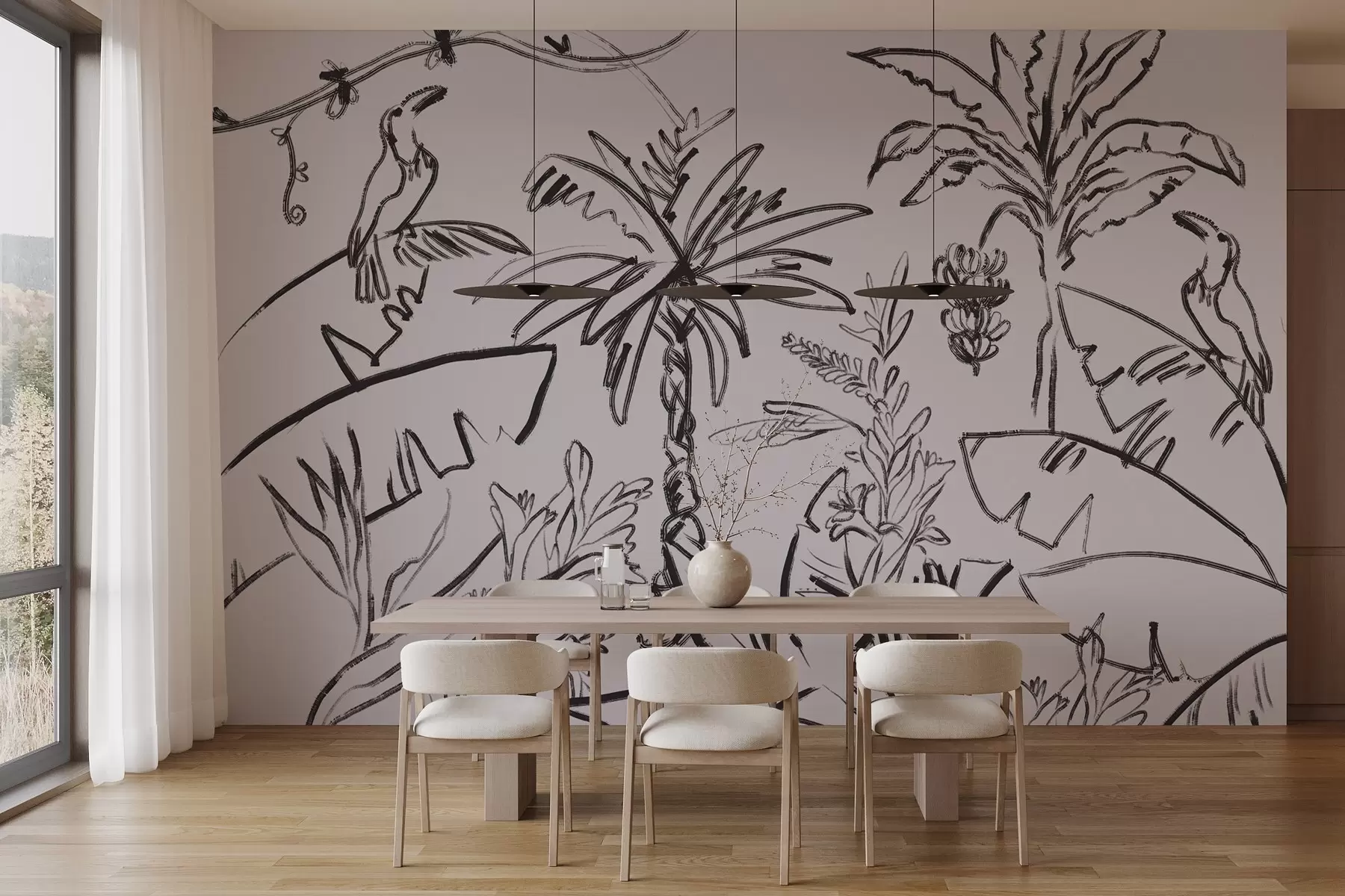 murales de pared Motivo tropical en color negro, palmeras, plátanos, contorno gráfico w04020v7