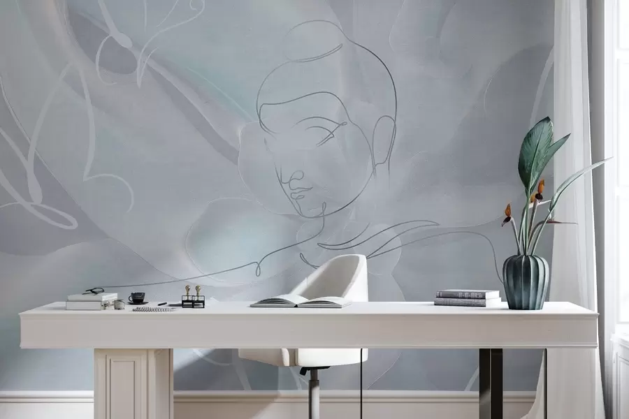 murales de pared Abstracción floral con dibujo lineal de Buda, colores azules w04004v1