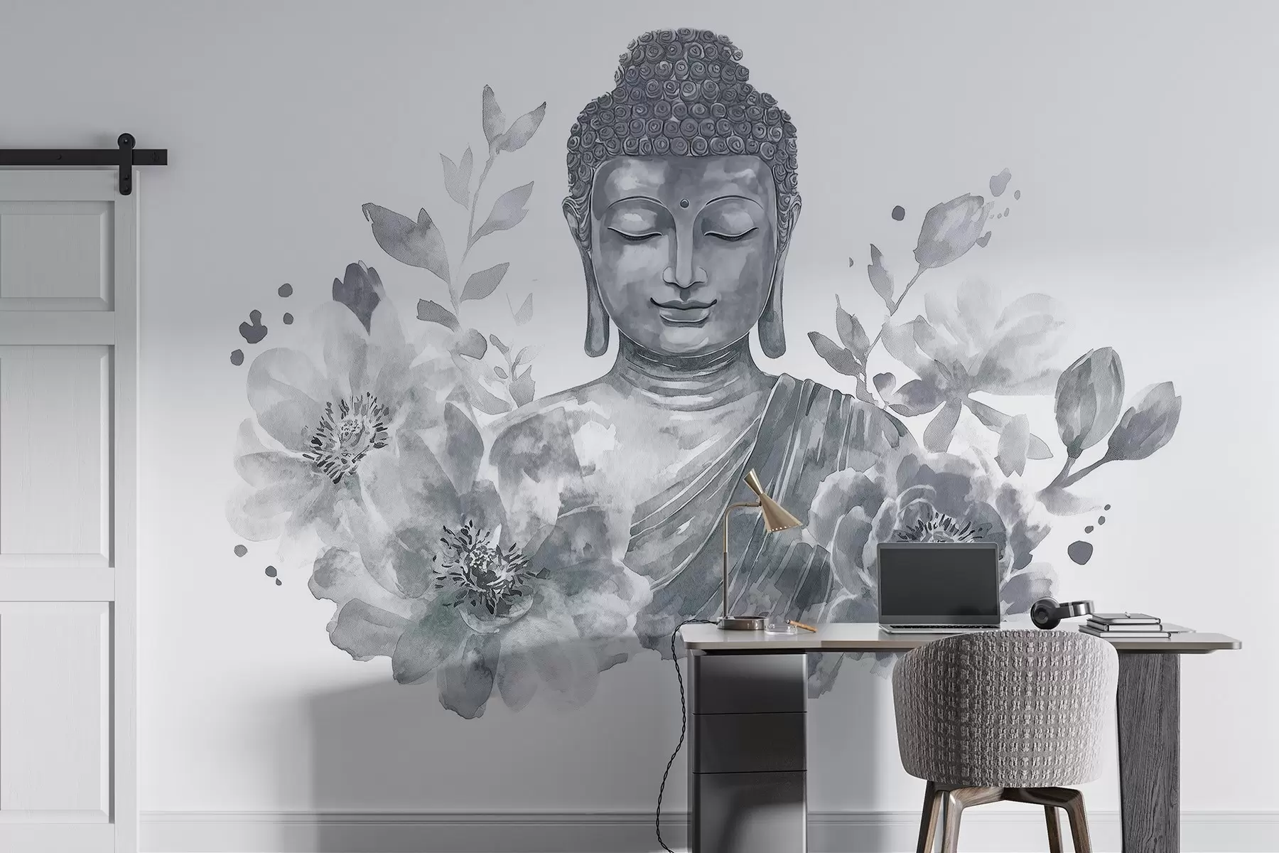 murales de pared Buda de acuarela con flores, espiritual, paleta de colores grises w04005v1