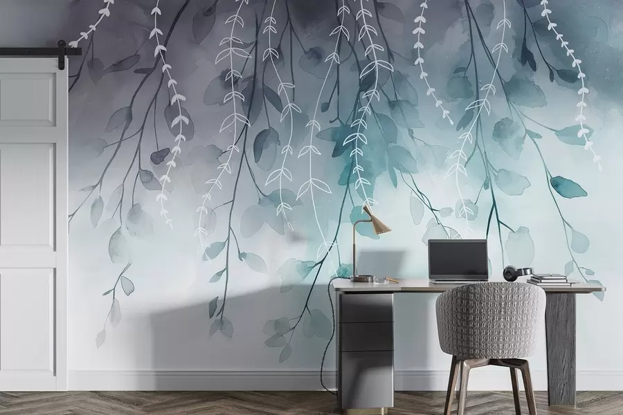 murales de pared Ramas con hojas en estilo acuarela, colores aguamarina naturales w04007v3