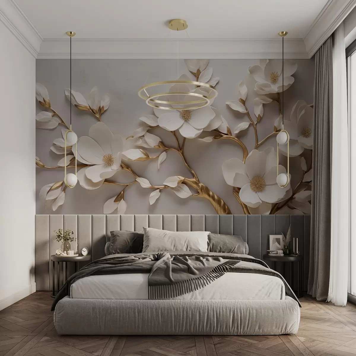 murales de pared Elegantes flores en relieve con tallos de tonos suaves forman una escena tranquila y armoniosa w04039