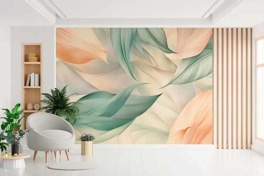 murales de pared exóticas hojas tropicales en delicados tonos melocotón y verde w03962