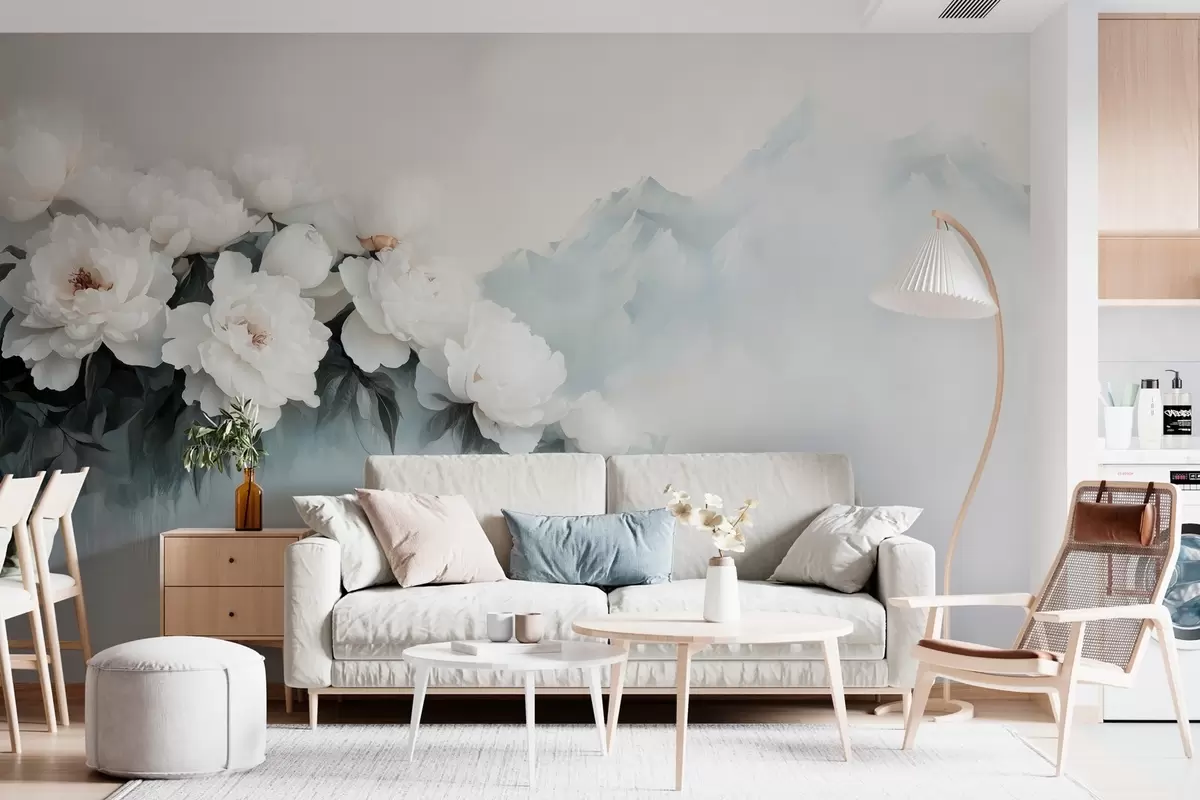 murales de pared pintorescas y exuberantes peonías blancas con las montañas neblinosas como telón de fondo w03965