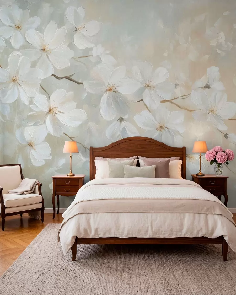 murales de pared delicada rama de albaricoque en flor en el estilo de la pintura al óleo en colores pastel w04029