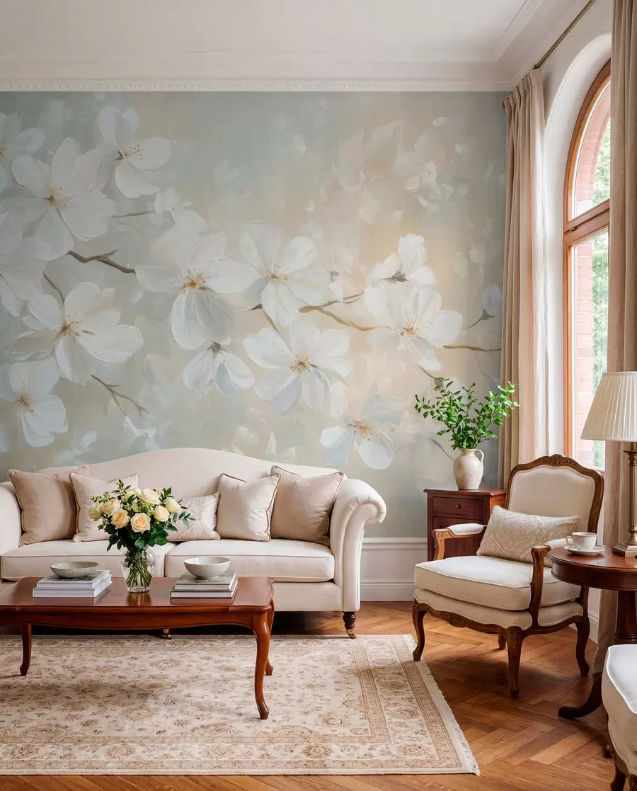 murales de pared delicada rama de albaricoque en flor en el estilo de la pintura al óleo en colores pastel w04029
