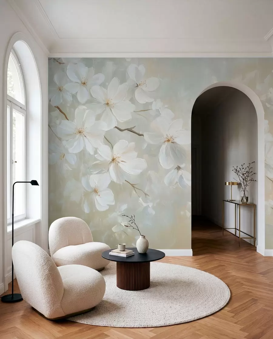 murales de pared delicada rama de albaricoque en flor en el estilo de la pintura al óleo en colores pastel w04029