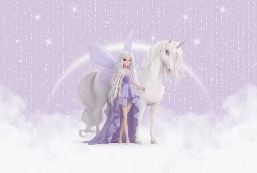 murales de pared Un hada con un unicornio entre las nubes w03527