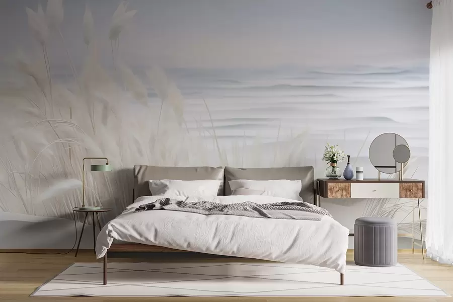 murales de pared Paisaje con hierba de pampa blanca sobre una duna de arena, con un océano azul claro de fondo, estilo suave y minimalista w09132