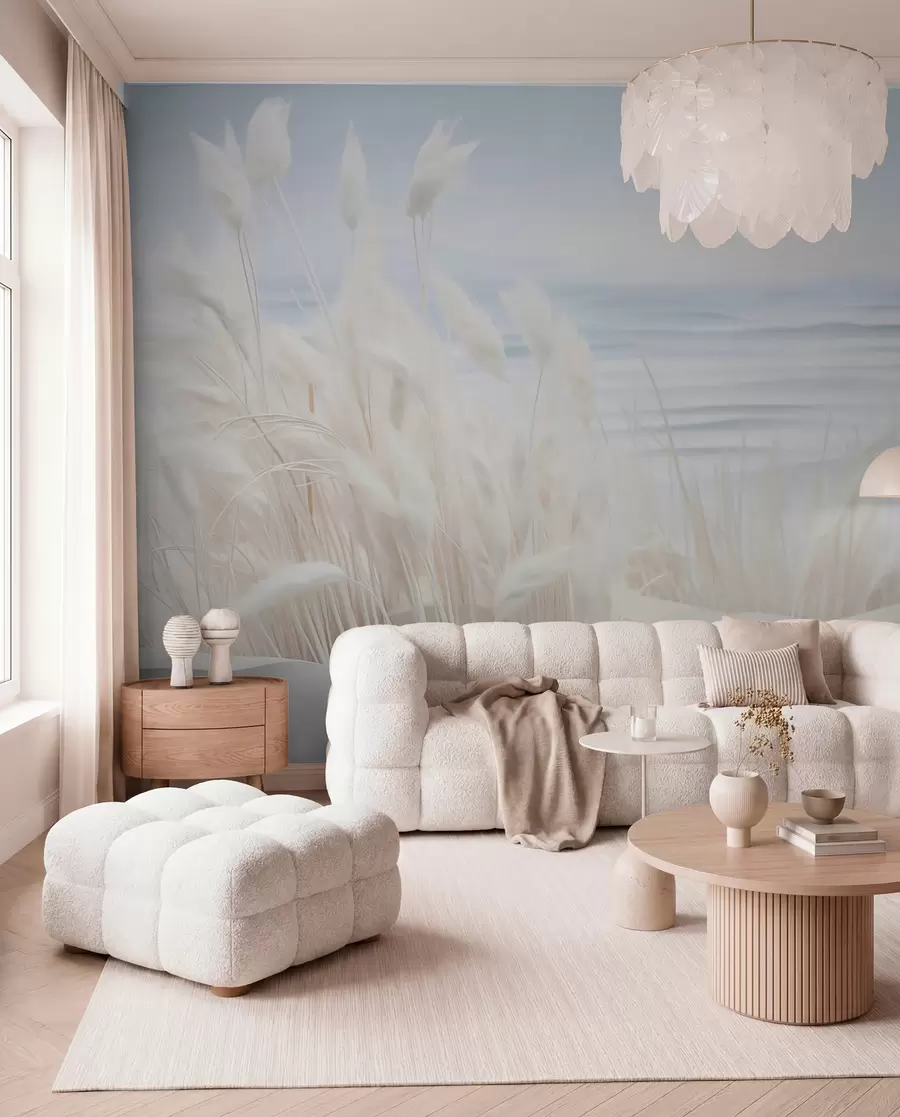 murales de pared Paisaje con hierba de pampa blanca sobre una duna de arena, con un océano azul claro de fondo, estilo suave y minimalista w09132