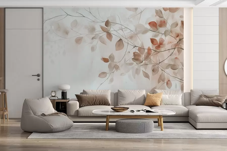 murales de pared Pintura en acuarela con textura imitando hojas y ramas marrones, colores suaves, detalles delicados sobre fondo blanco w09133