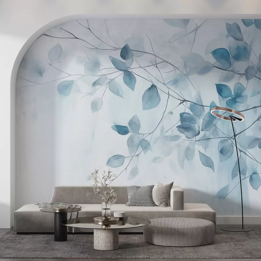 murales de pared Pintura en acuarela con textura imitando hojas y ramas azules, colores suaves, detalles delicados sobre fondo blanco w09133v1