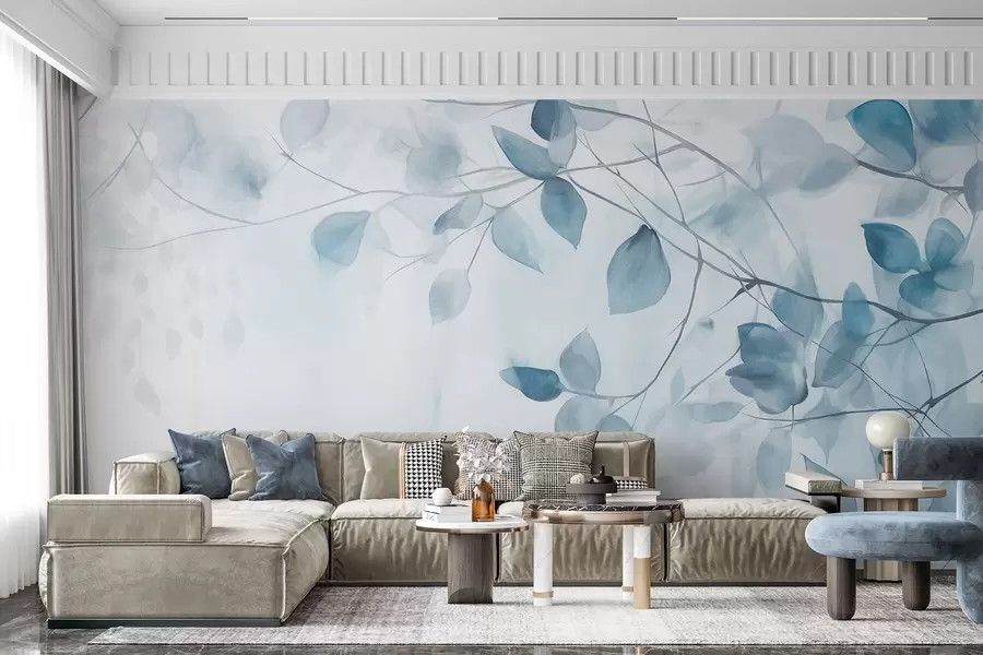 murales de pared Pintura en acuarela con textura imitando hojas y ramas azules, colores suaves, detalles delicados sobre fondo blanco w09133v1