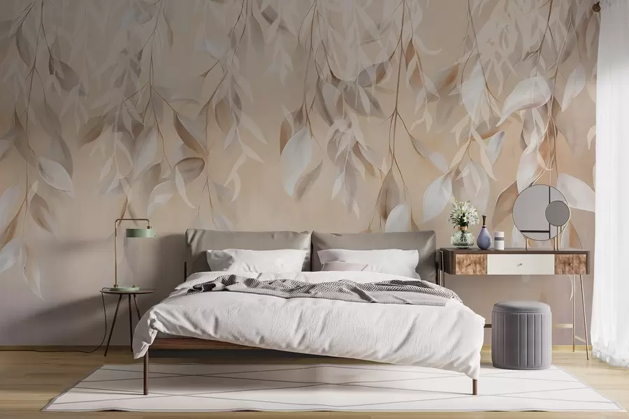 murales de pared Hojas colgantes de textura blanca y beige con una suave paleta de colores, melocotón, gris y blanco delicado de fondo w09136