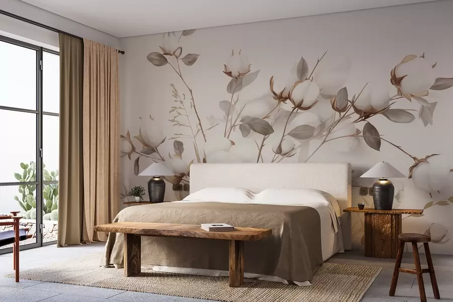 murales de pared Flores de algodón con tallos y hojas en una paleta de color marrón claro, fondo beige, suave y delicado, estilo acuarela w09141