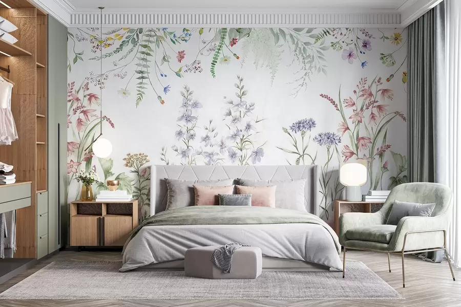 murales de pared Arreglo floral de textura con flores de colores y hojas verdes, ilustración botánica , colores pastel suaves, estilo vintage w09143