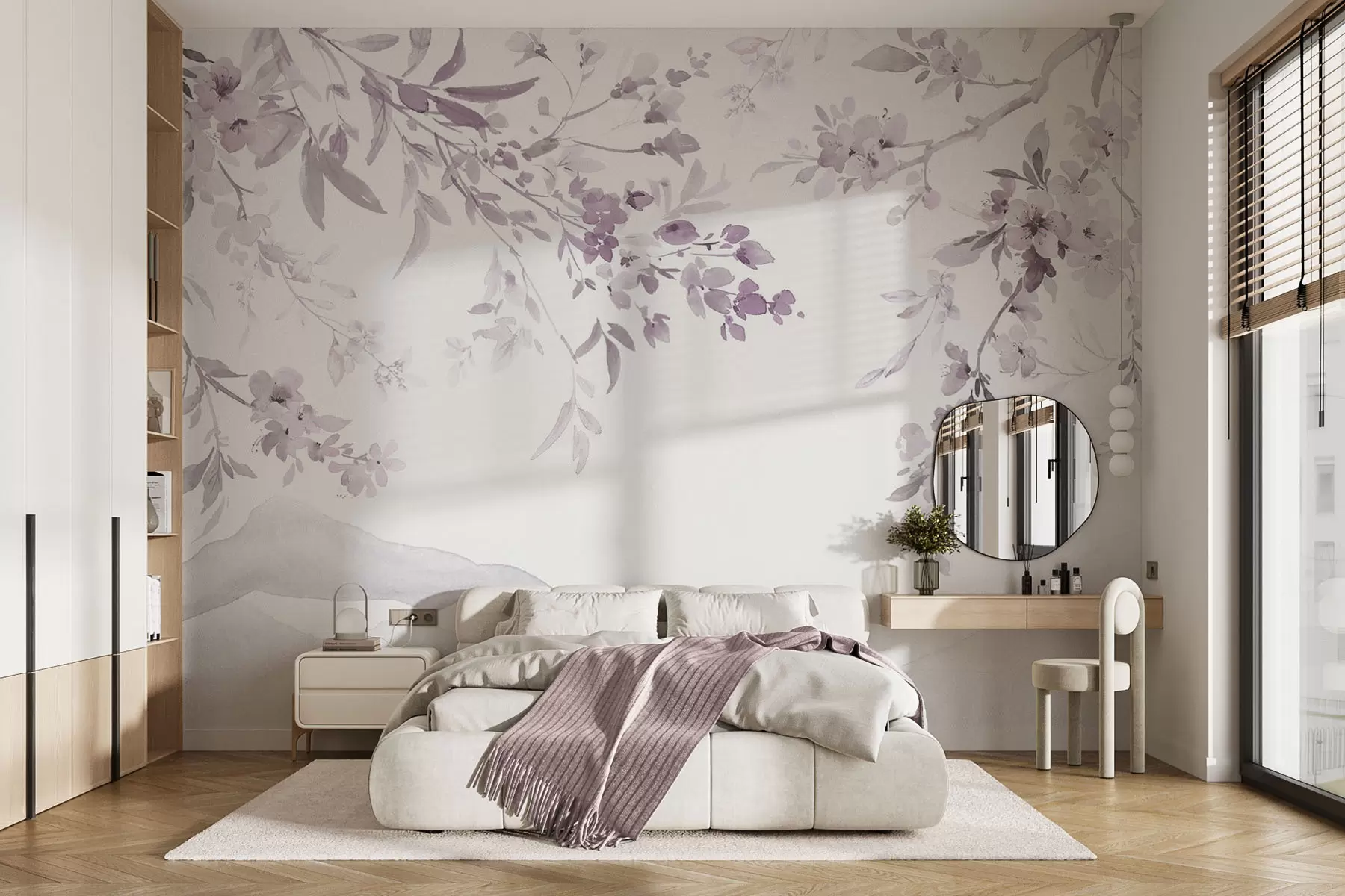 murales de pared Ramas floridas, imitación de acuarela, tonos púrpura-rosa w03935v1