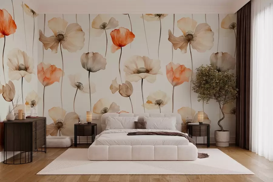 murales de pared amapolas rizadas en estilo acuarela w04031