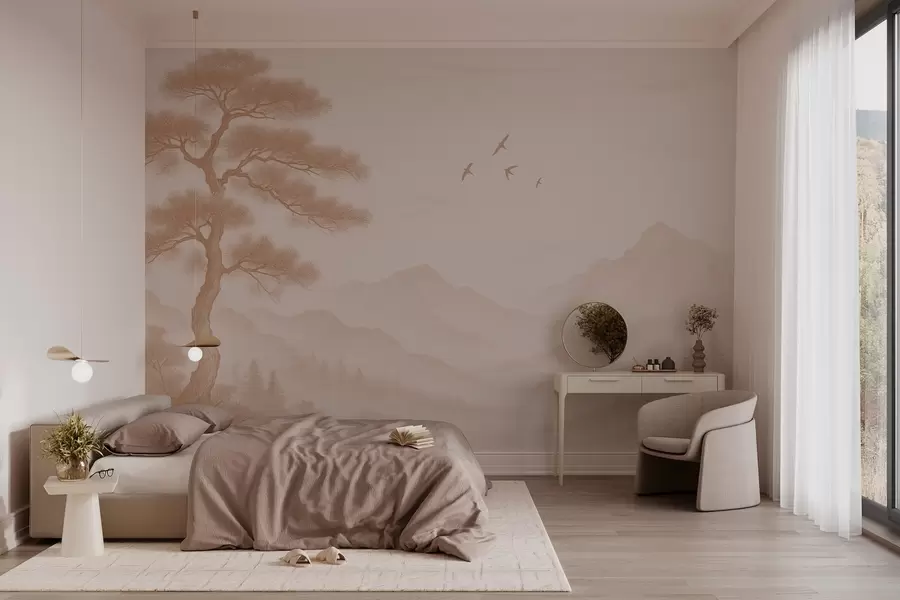 murales de pared panorama de colinas con un gran árbol en tonos moca w04033v1