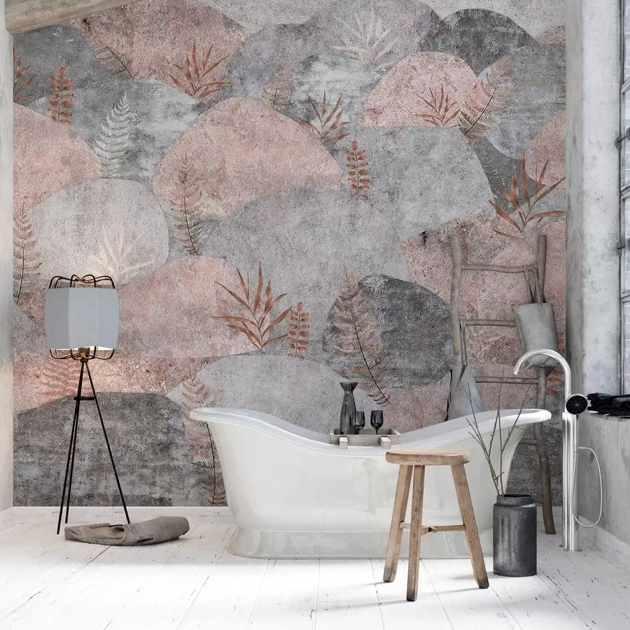 murales de pared Piedras con plantas, helecho, nórdico, estilo rústico, colores gris y rosa w04064v1