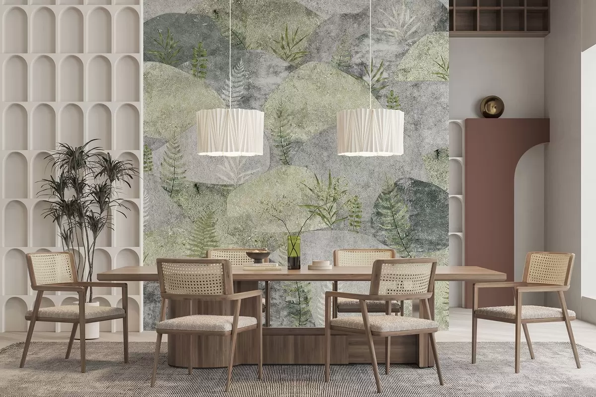 murales de pared Piedras con plantas, helecho, nórdico, estilo rústico, colores gris y verde w04064v2