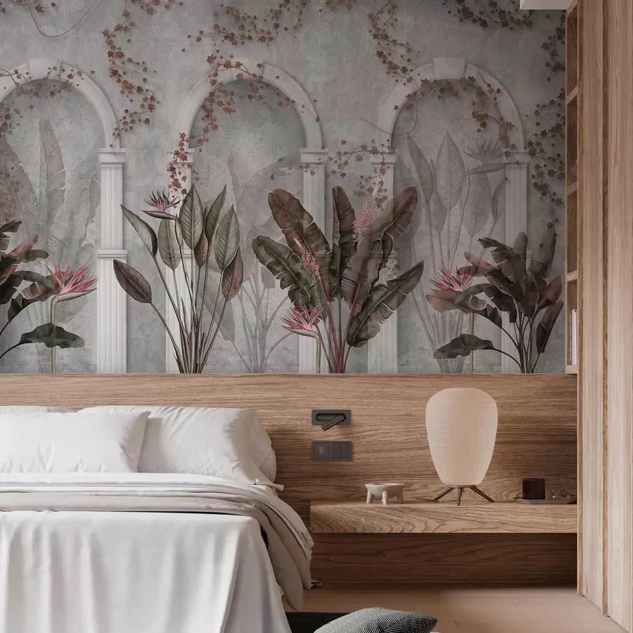 murales de pared Muro de hormigón con arcos y plantas tropicales, florales, colores burdeos w04065v1