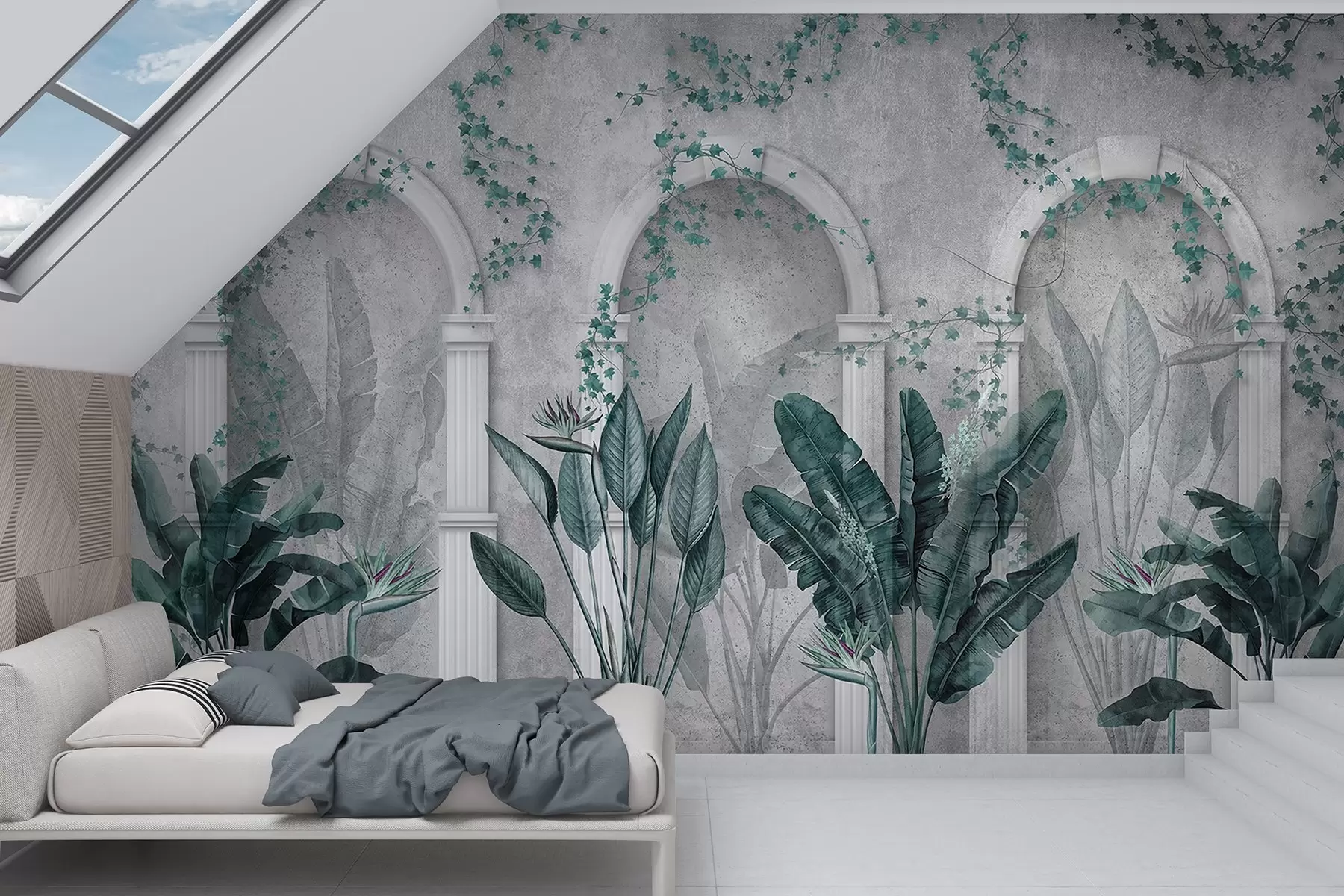 murales de pared Muro de hormigón con arcos y plantas tropicales, florales, colores azules w04065v2