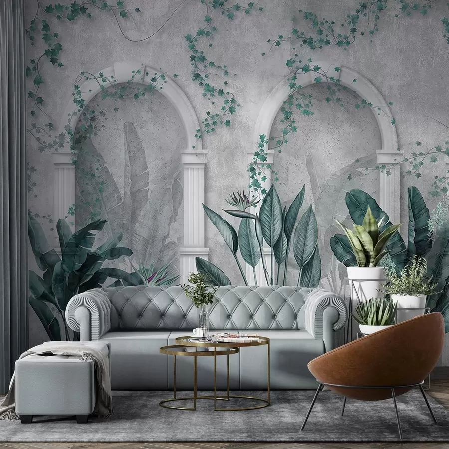 murales de pared Muro de hormigón con arcos y plantas tropicales, florales, colores azules w04065v2