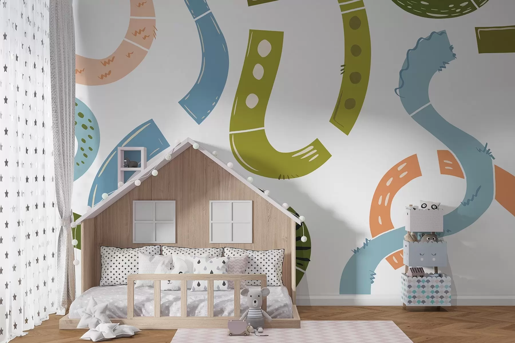 murales de pared Dibujos abstractos, juveniles, garabatos, verde, azul, rosa w04066v2