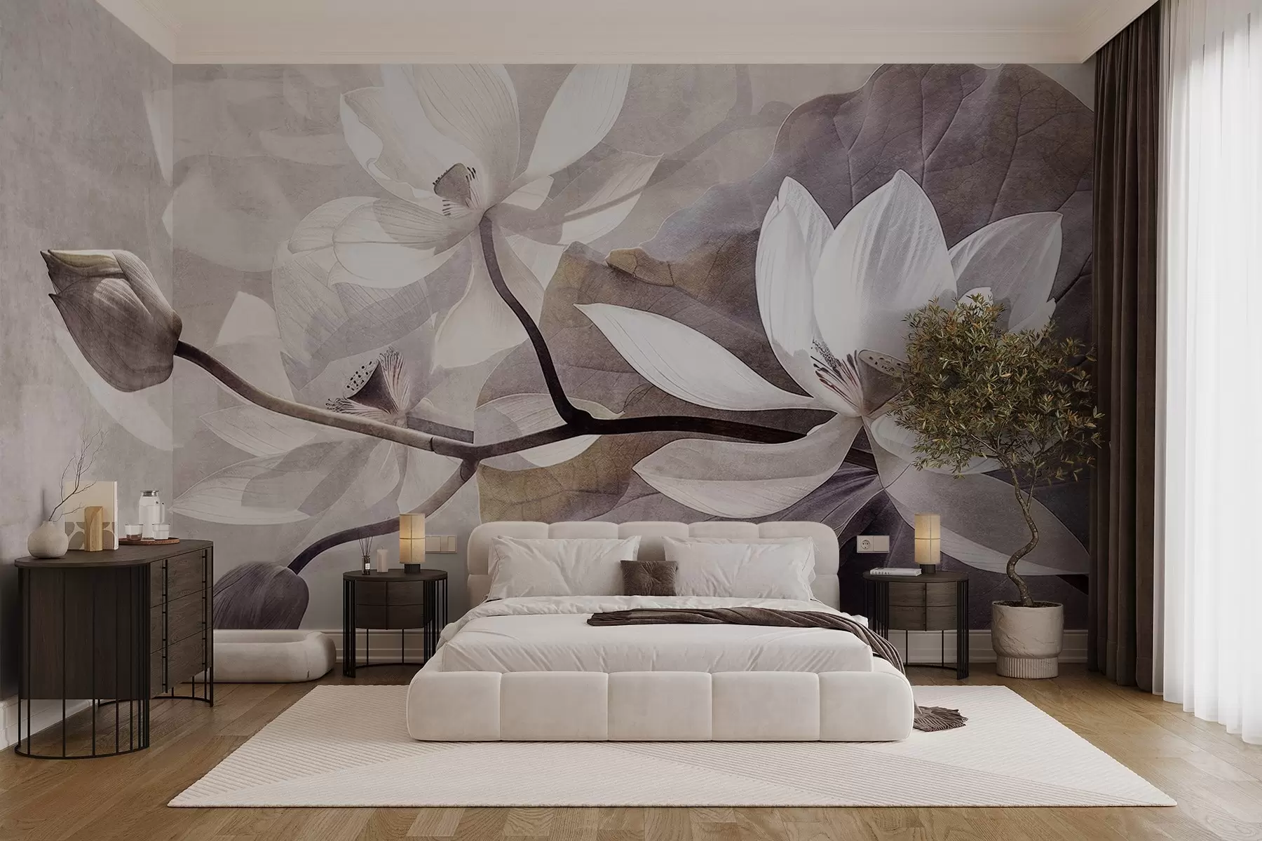 murales de pared Delicadas flores de loto con hojas y tallos en una suave paleta de colores beis w09159