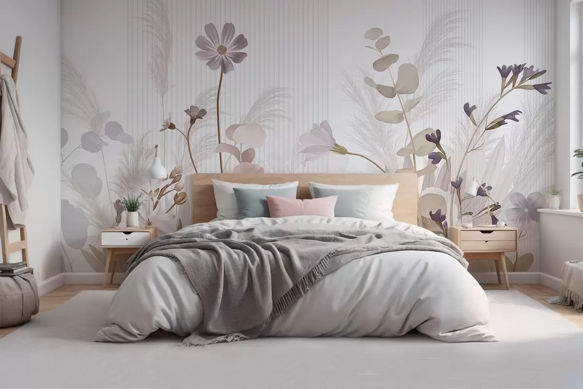 murales de pared Flores en colores pastel, hojas marrón claro, fondo blanco con líneas verticales, elegante y minimalista w09161