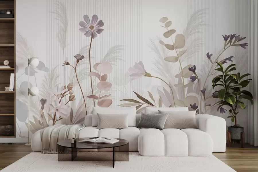 murales de pared Flores en colores pastel, hojas marrón claro, fondo blanco con líneas verticales, elegante y minimalista w09161