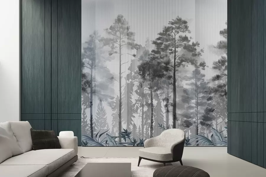 murales de pared Un denso bosque con altos pinos, exuberante follaje gris, una atmósfera brumosa con texturas de líneas verticales w09163v2