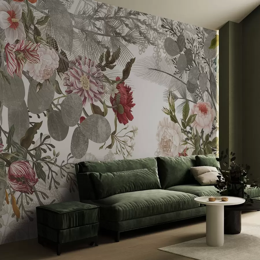 murales de pared Arreglo floral vintage con rosas, eucalipto y mimosa en tonos verde apagado, rojo y rosa w09164v1