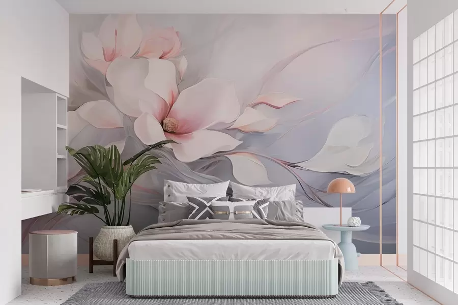 murales de pared Delicadas flores de magnolia con pétalos rosas y hojas blancas, una textura suave, líneas fluidas w09165