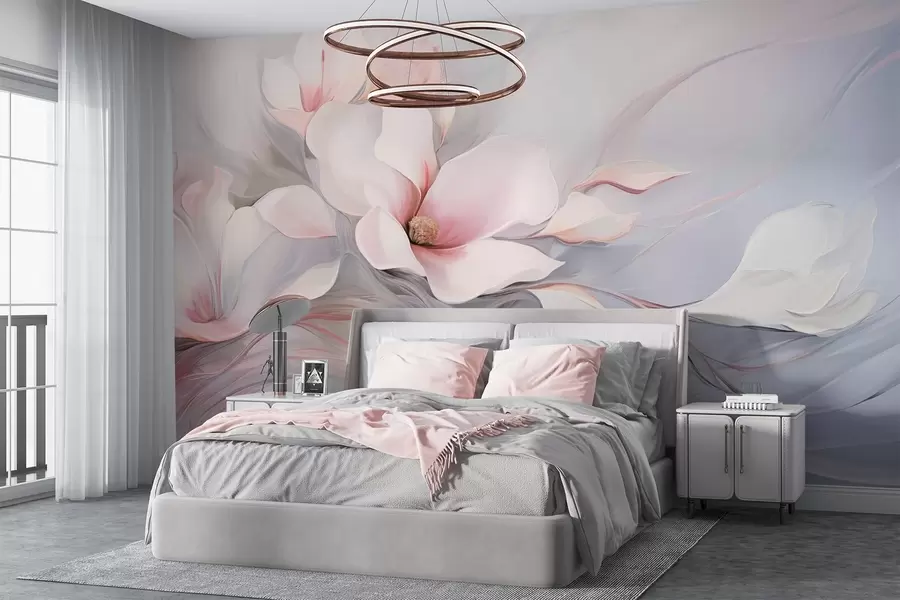 murales de pared Delicadas flores de magnolia con pétalos rosas y hojas blancas, una textura suave, líneas fluidas w09165