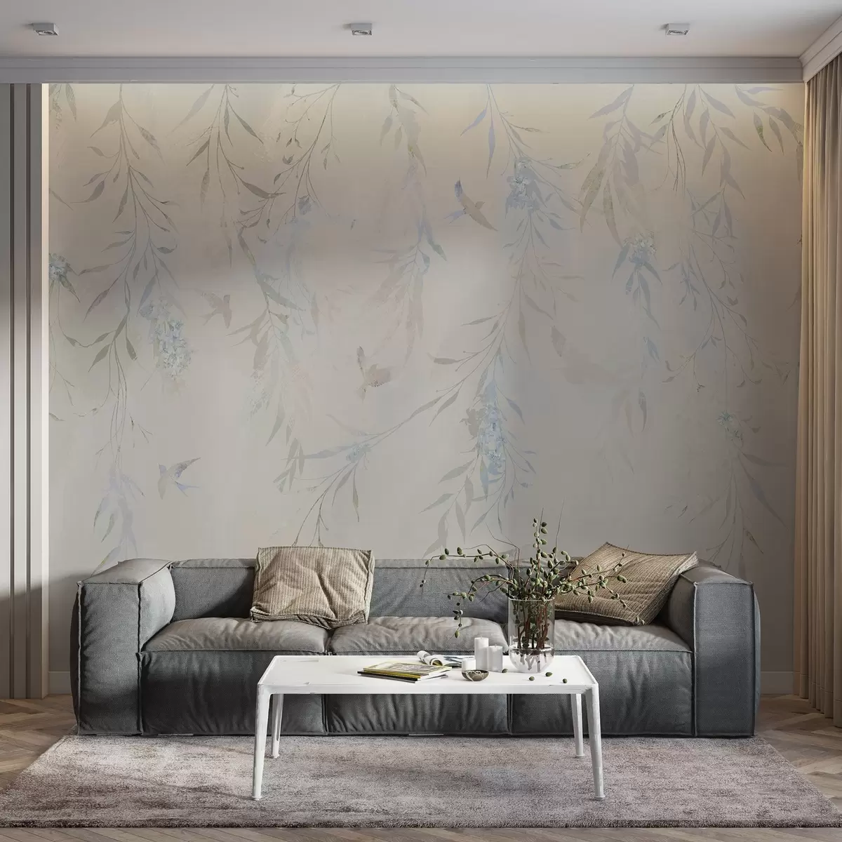 murales de pared Ramas con hojas colgantes y pájaros w04053