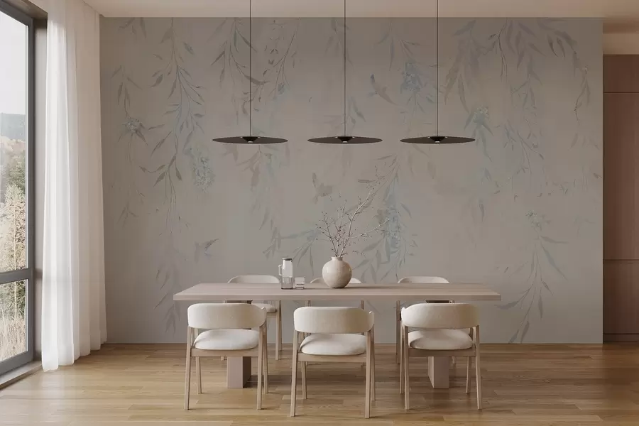murales de pared Ramas con hojas colgantes y pájaros w04053