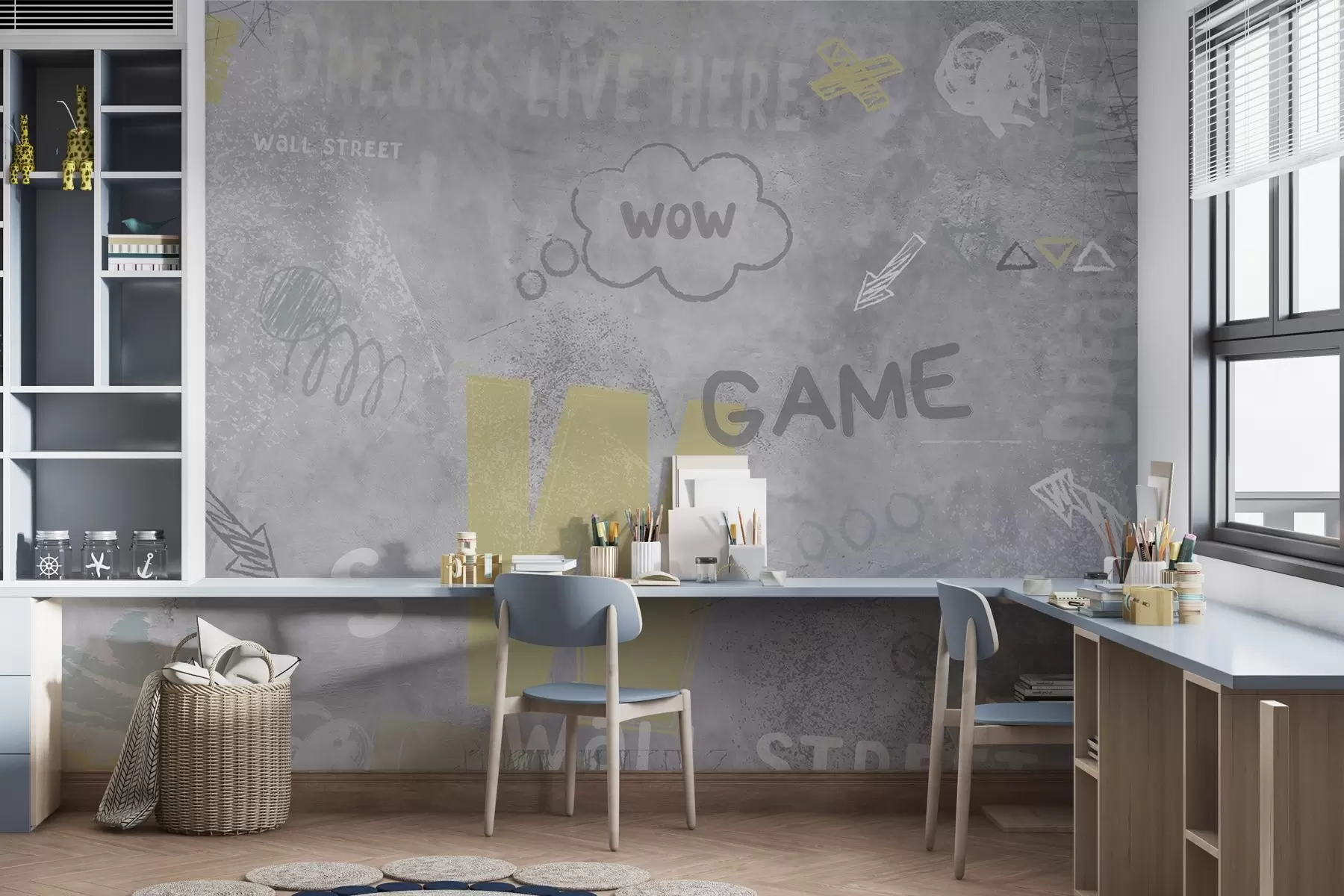 murales de pared Diseño en estilo street art con inscripciones en color amarillo sobre fondo de muro de hormigón w04056