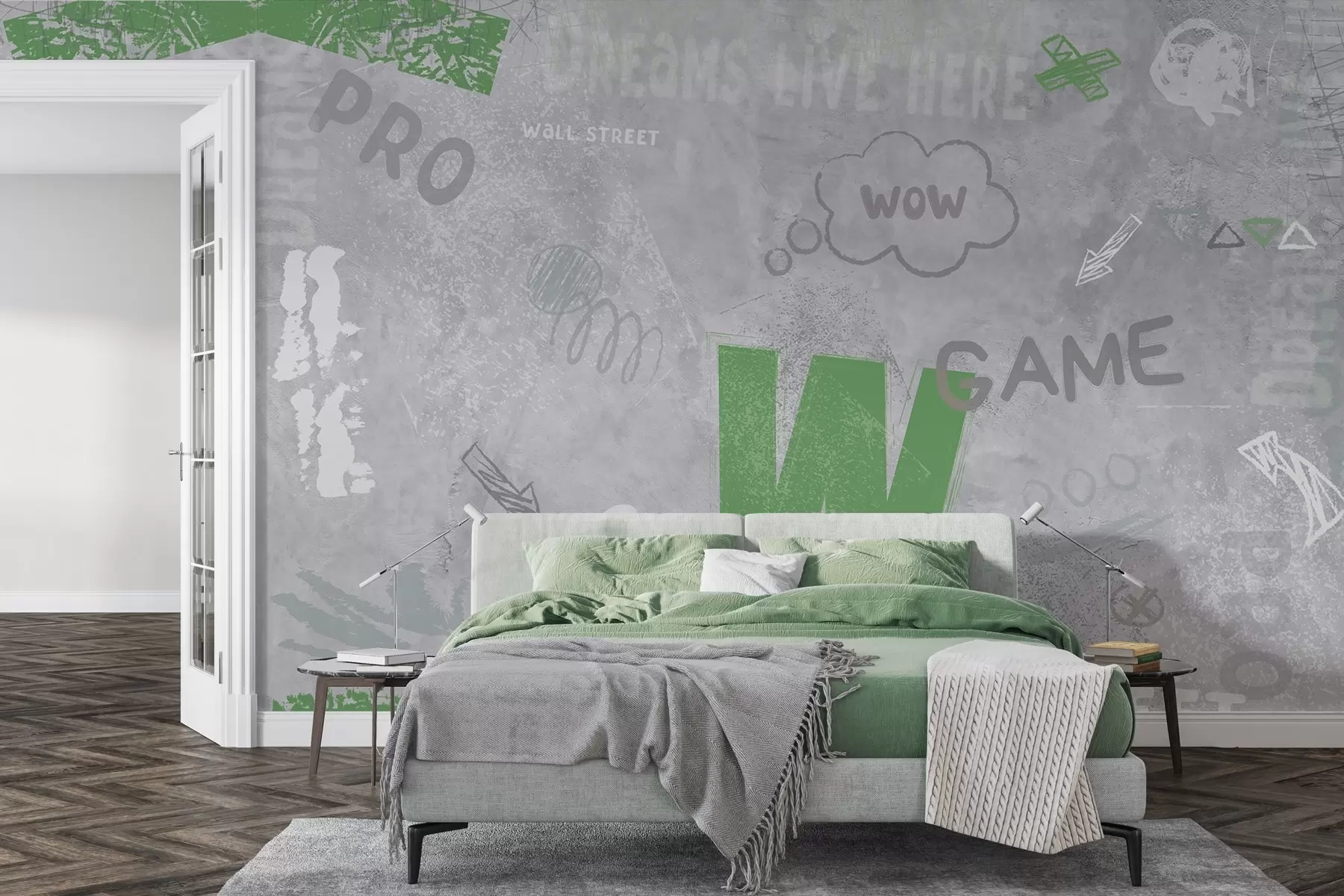 murales de pared Diseño de arte callejero con letras de color verde en el fondo de la pared de hormigón w04056v2