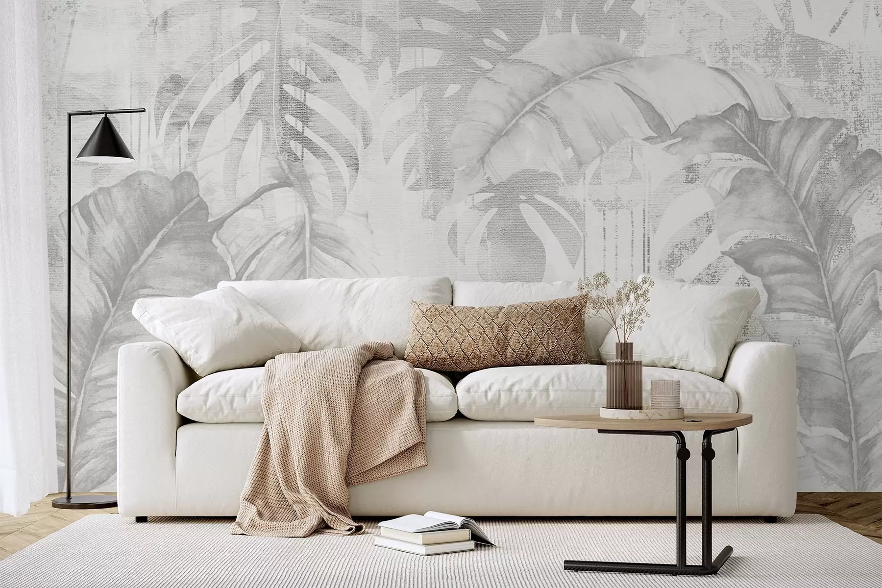 murales de pared Hojas tropicales en estilo grunge, tonos monocromos w03956v1